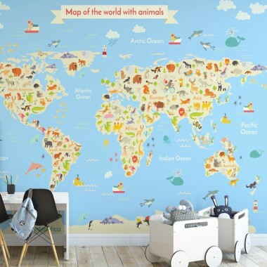 Tapeta mapa świata dla dzieci ze zwierzętami -niebieska