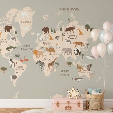 Tapeta mapa świata dla dzieci ze zwierzętami