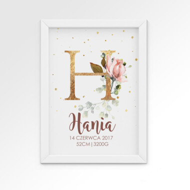 Personalizowany plakat metryczka w kwiaty  z literką- prezent z okazji narodzin dziecka
