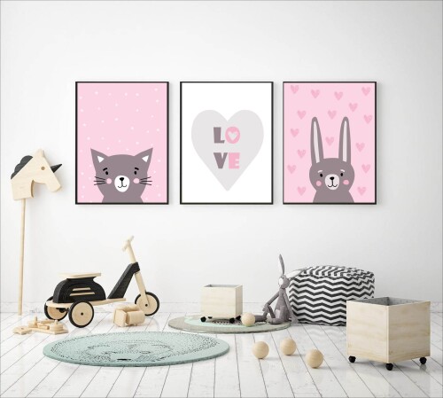zestaw plakatów króliczek, serce, kotek