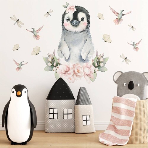 Pingwin Wśród Kwiatów - Naklejki Na Ścianę Dla Dzieci