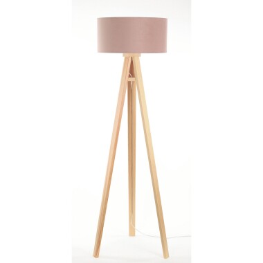 Lampa stojąca trójnóg na drewnianych nogach- różowa