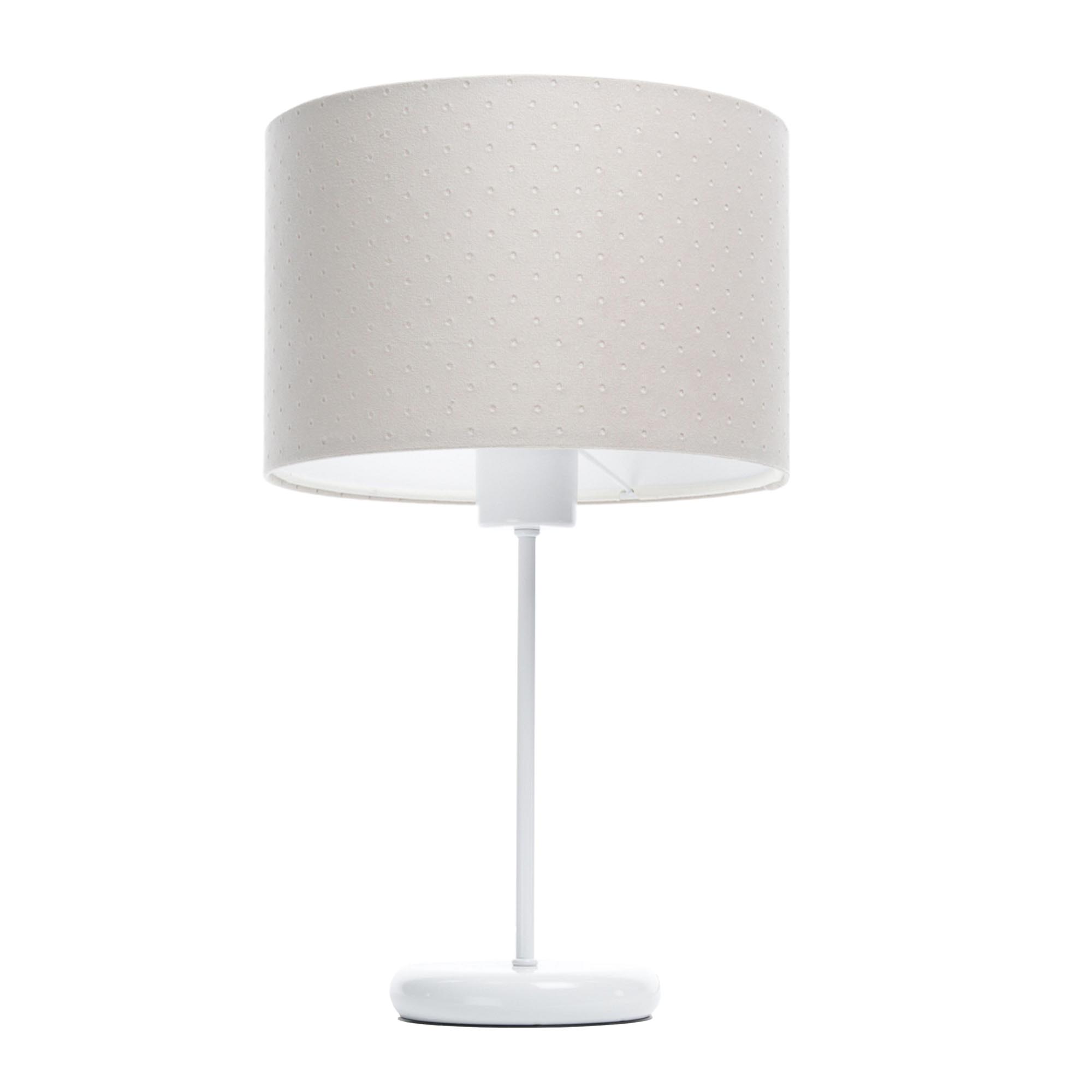 Jasnokremowa lampka stołowa glamour na białej metalowej podstawie