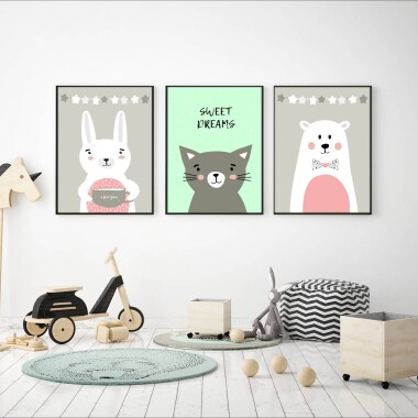 plakaty do pokoju dziecka różowo-miętowe zwierzaki
