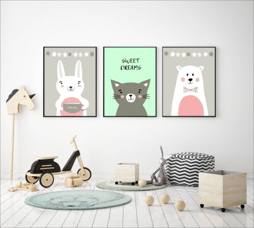 plakaty do pokoju dziecka różowo-miętowe zwierzaki