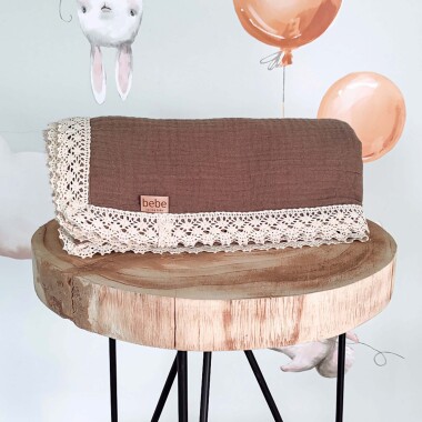 Otulacz muślinowy z bawełnianą koronką DUSTY BROWN