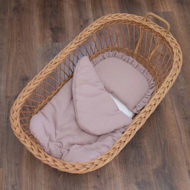 Pierwsza pościel dla niemowlaka z muślinu z koronką DUSTY PINK