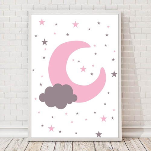 Plakat dla dzieci różowy księżyc z gwiazdkami