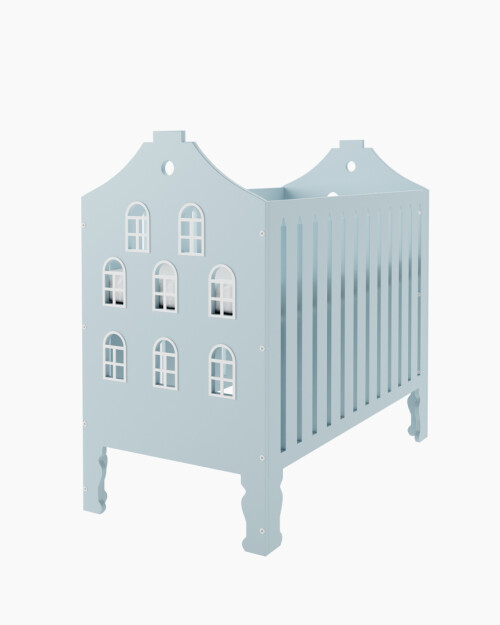 Niebieskie łóżeczko niemowlęce w kształcie kamieniczki z oknami. Łóżeczko domek.