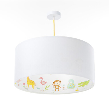 Okrągła lampa wisząca na sufit do pokoju dziecka biała z kolorowym nadrukiem zwierzątka