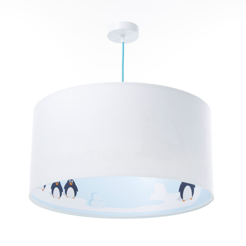 Okrągła lampa wisząca na sufit do pokoju dziecka biała z kolorowym nadrukiem antarktyda