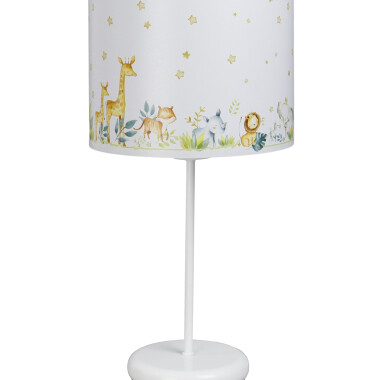 Biała lampka nocna na stolik do pokoju dziecka. Lampa nocna z kolorowym wzorem.