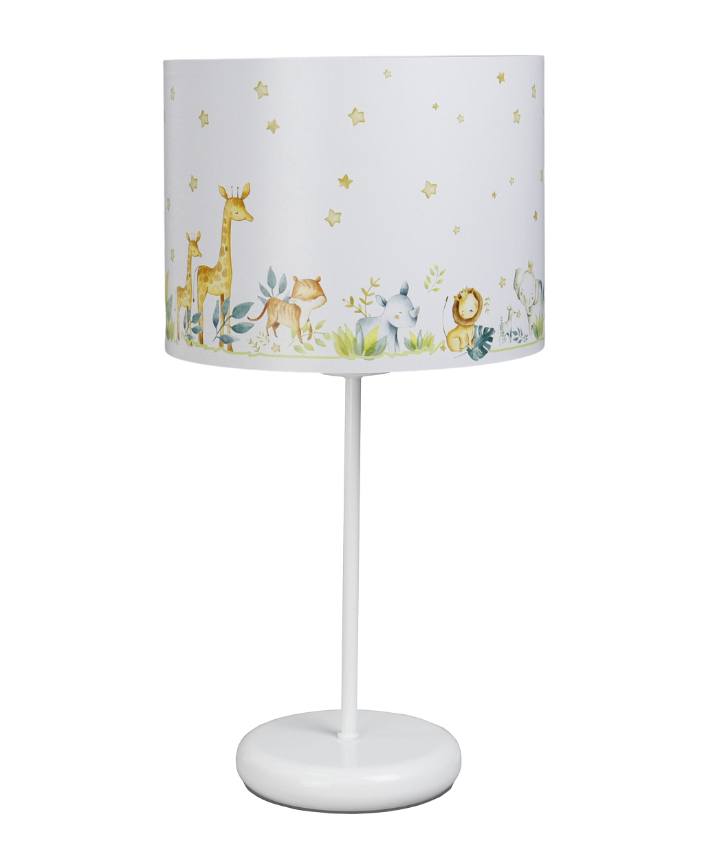 Biała lampka nocna na stolik do pokoju dziecka. Lampa nocna z kolorowym wzorem.