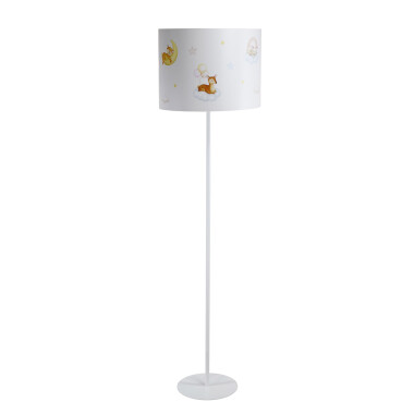 Biała lampa stojąca podłogowa wysoka do pokoju dziecka. Lampa z kolorowym wzorem w zwierzątka na chmurkach.