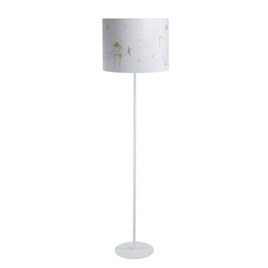 Biała lampa stojąca podłogowa wysoka do pokoju dziecka. Lampa z kolorowym wzorem w misie w samolotach
