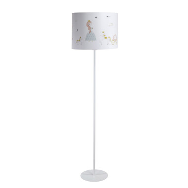 Biała lampa stojąca podłogowa wysoka do pokoju dziecka. Lampa z kolorowym wzorem w księżniczki.