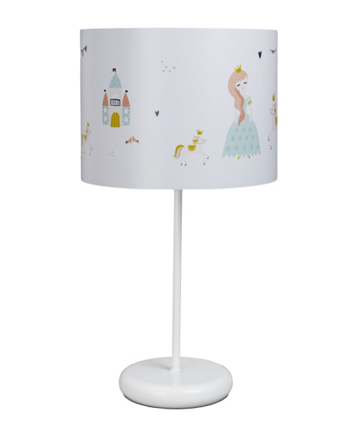 Biała lampka nocna na stolik do pokoju dziecka. Lampa nocna z kolorowym wzorem. Księżniczki.