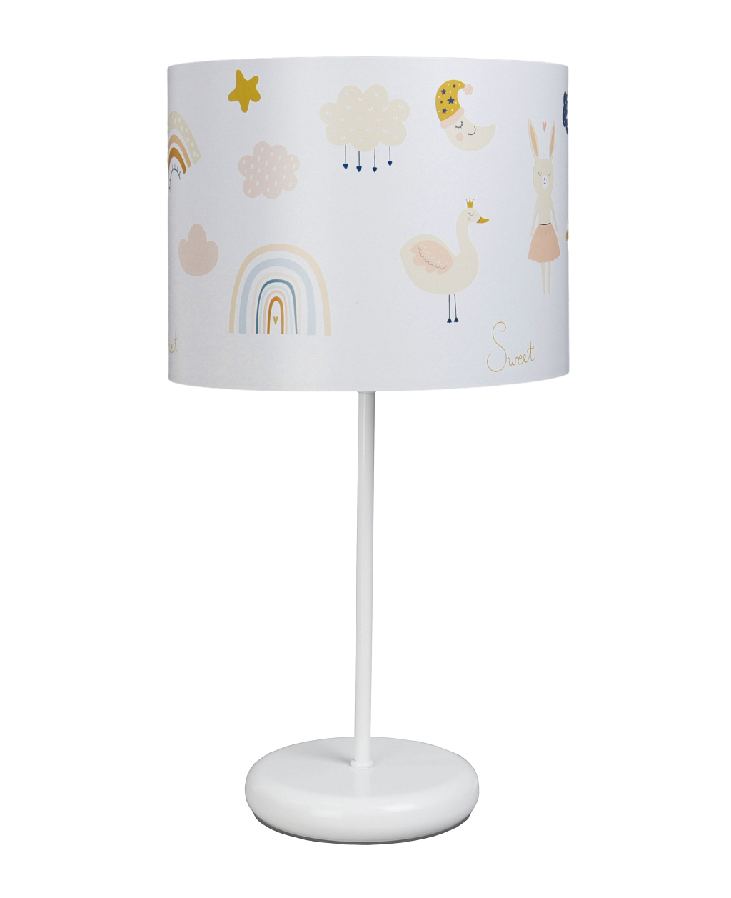 Biała lampka nocna na stolik do pokoju dziecka. Lampa nocna z kolorowym wzorem. Tęcza.