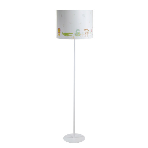 Biała lampa stojąca podłogowa wysoka do pokoju dziecka. Lampa z kolorowym wzorem w zwierzątka