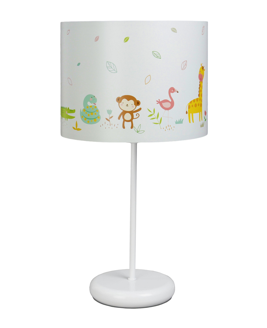 Biała lampka nocna na stolik do pokoju dziecka. Lampa nocna z kolorowym wzorem. Zwierzątka.