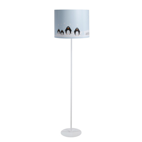 Biała lampa stojąca podłogowa wysoka do pokoju dziecka. Lampa z kolorowym wzorem w pingwiny, foki- Antarktyda