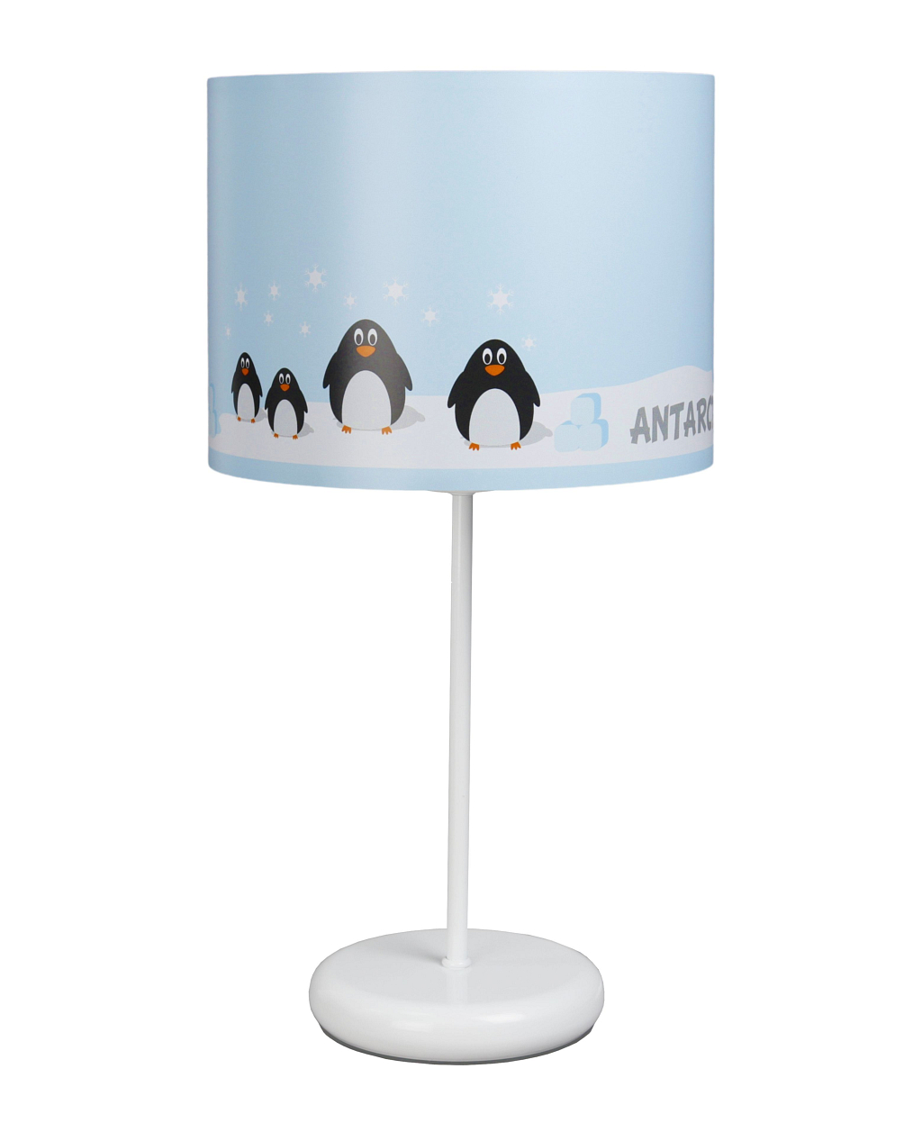 Biała lampka nocna na stolik do pokoju dziecka. Lampa nocna z kolorowym wzorem. Pingwinki.