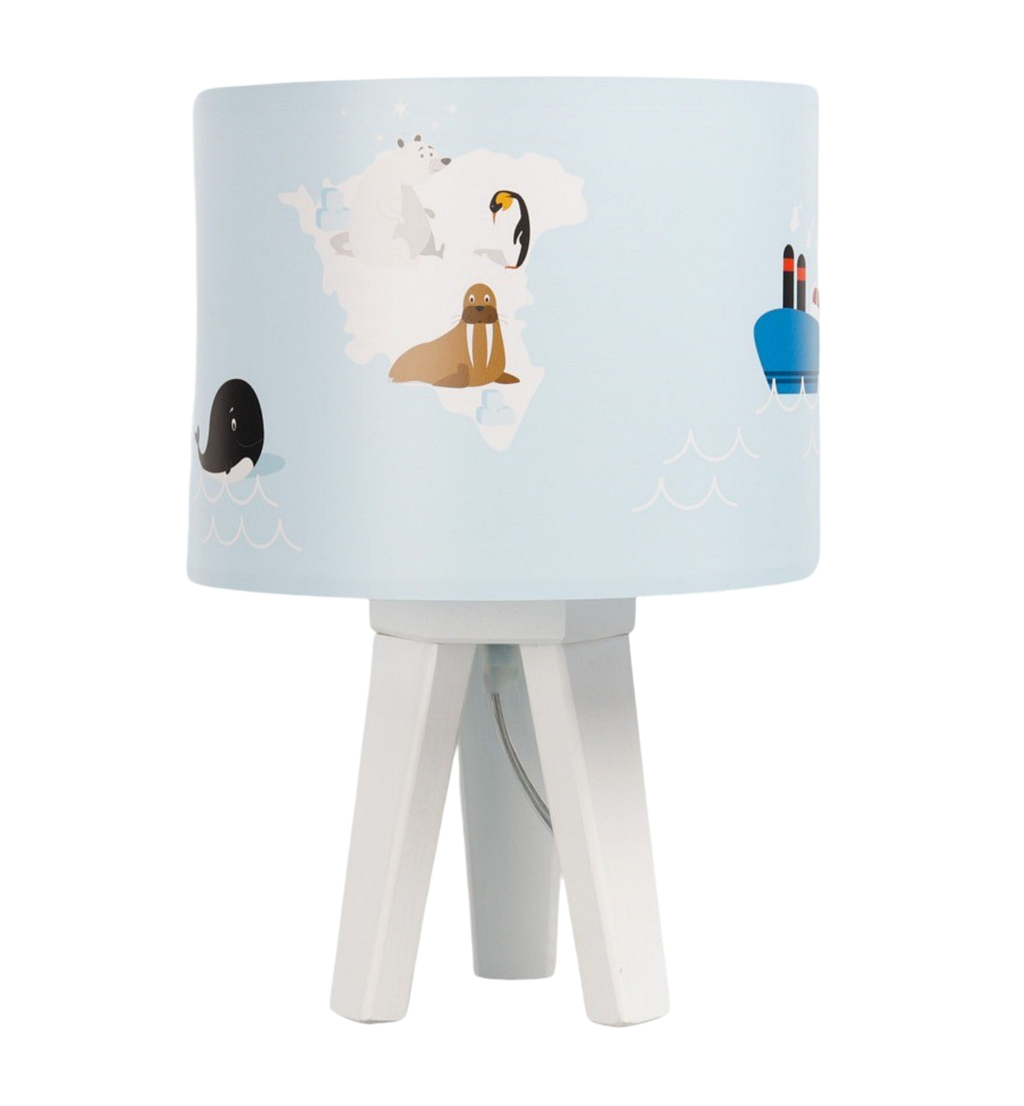 Mała biała lampka nocna do pokoju dziecka w morsy i pingwiny na niebieskim tle