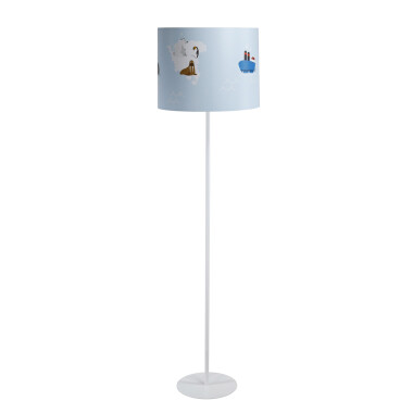 Biała lampa stojąca podłogowa wysoka do pokoju dziecka. Lampa z kolorowym wzorem w zwierzątka morsy, pingwiny na niebieskim tle.