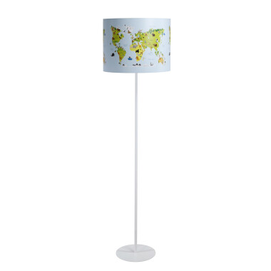 Biała lampa stojąca podłogowa wysoka do pokoju dziecka. Lampa z kolorowym wzorem z mapą świata