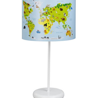 Biała lampka nocna na stolik do pokoju dziecka. Lampa nocna z kolorowym wzorem. Mapa świata.