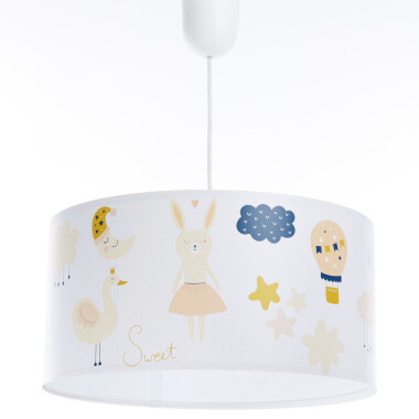 Okrągła lampa wisząca na sufit do pokoju dziewczynki króliczki na białym tle
