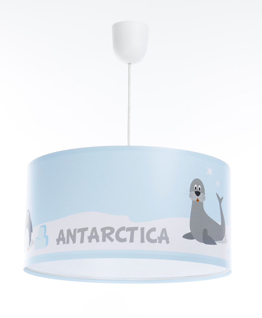 Okrągła lampa wisząca na sufit do pokoju dziecka Antarktyda- zwierzęta Antarktydy-foki, morsy na niebieskim tle