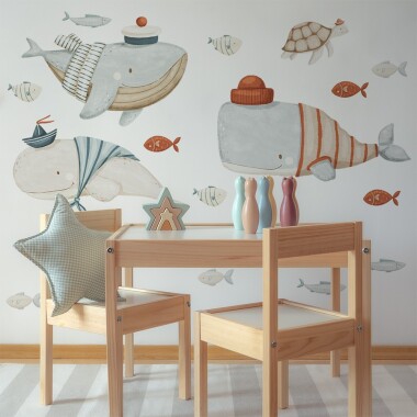 Naklejka w stylu marynarskim do pokoju dziecka- żaglówki, wieloryby, statki, łódki, mewy