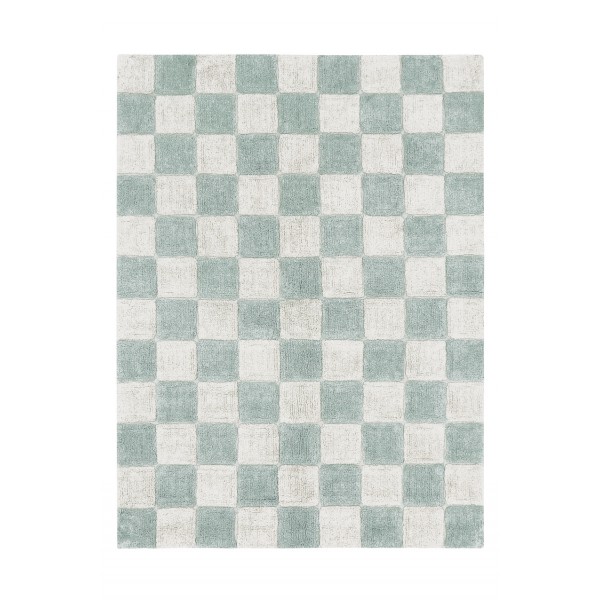 Bawełniany biało-niebieski dywan do prania w pralce ma wzór inspirowany vintage płytkami kuchennymi w kratkę/ szachownicę.