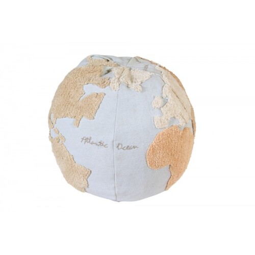 Duża pufa do pokoju dziecka niebiesko beżowa kula ziemska mapa świata