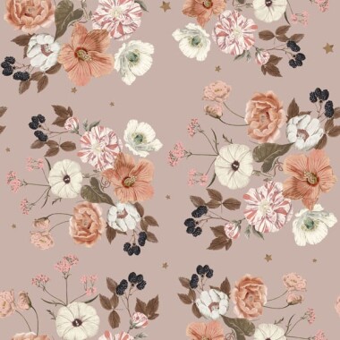 Tapeta W piękny kwiatowy wzór na podobnym,  brudno-różowym, pudrowym tle.