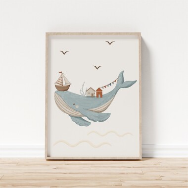 Plakat grafika obrazek do pokoju dziecka w stylu marynarskim. Plakat z wielorybem i żaglówka.