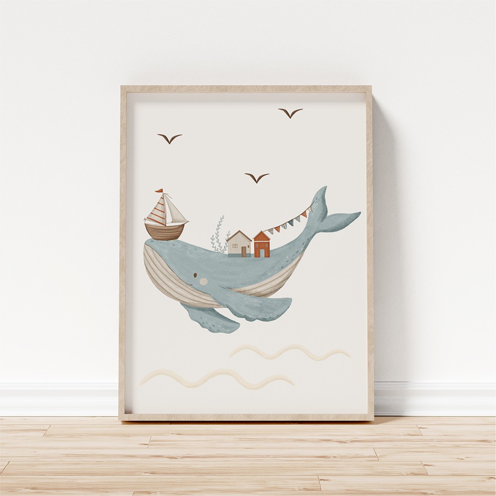 Plakat grafika obrazek do pokoju dziecka w stylu marynarskim. Plakat z wielorybem i żaglówka.
