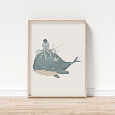 Plakat do pokoju dziecka z wielorybem i ośmiornicą na białym tle.