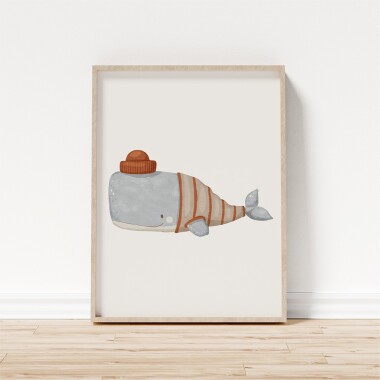 Plakat obrazek grafika do pokoju dziecka wieloryb w ubraniu