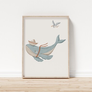 Plakat obrazek do pokoju dziecka w stylu marynarskim. Wieloryb.