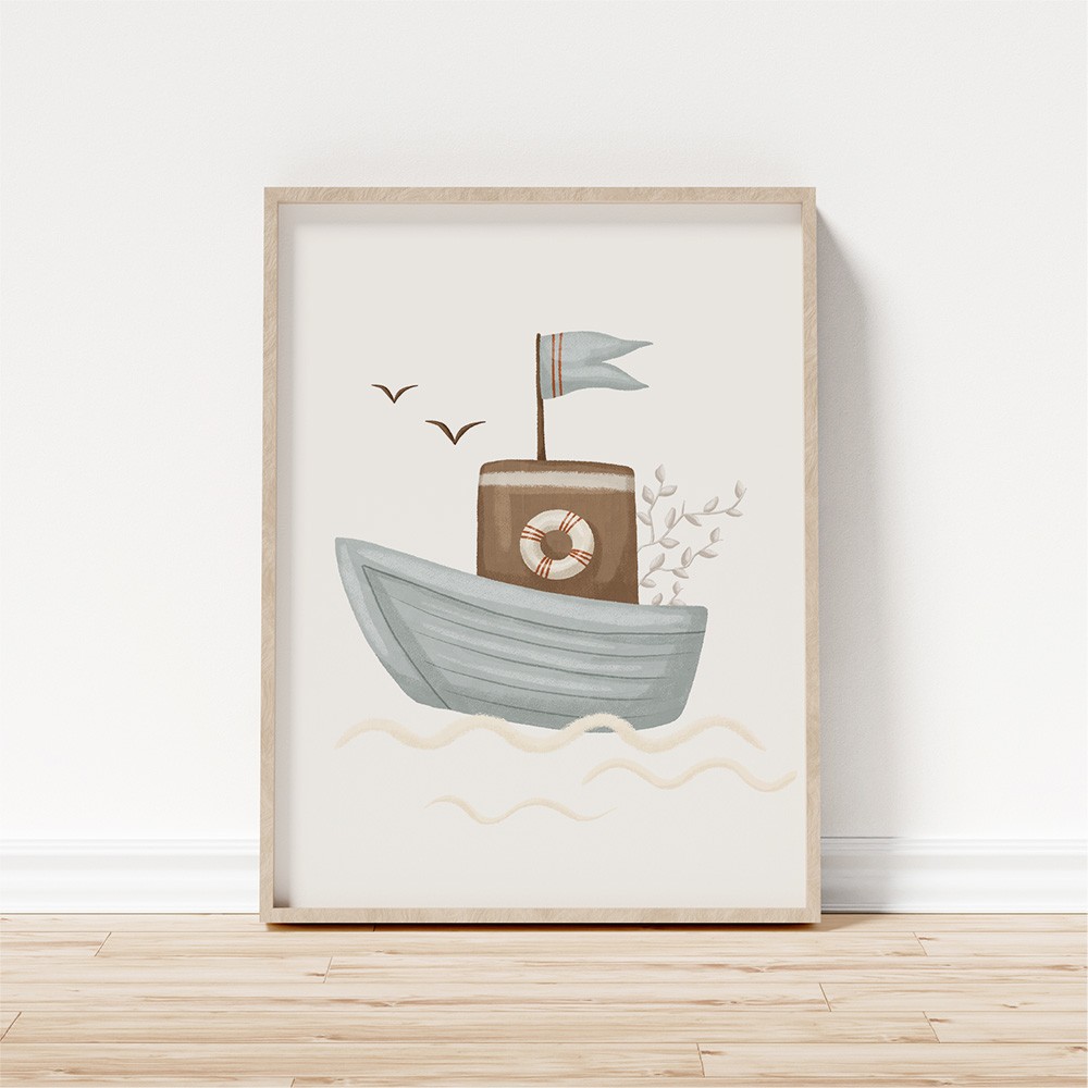 Plakat grafika obrazek do pokoju dziecka w stylu marynarskim. Plakat z kutrem rybackim.