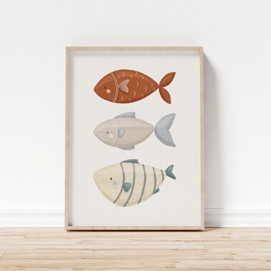 Plakat dla dzieci przedstawiający 3 ryby na białym tle.