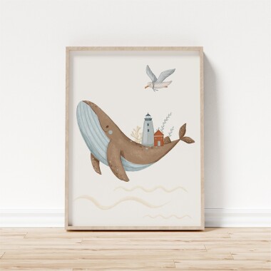Plakat do pokoju dziecka przedstawiający wieloryba z latarnią morską na grzbiecie i mewę.