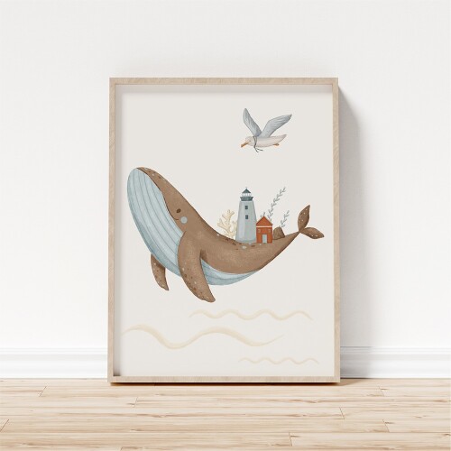 Plakat do pokoju dziecka przedstawiający wieloryba z latarnią morską na grzbiecie i mewę.