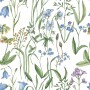 Tapeta W piękne niebieskie i fioletowe kwiaty na białym tle do pokoju dziecka.