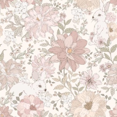 Jasna delikatna pastelowa tapeta w kwiaty w kolorze blado różowym i białym na białym tle.