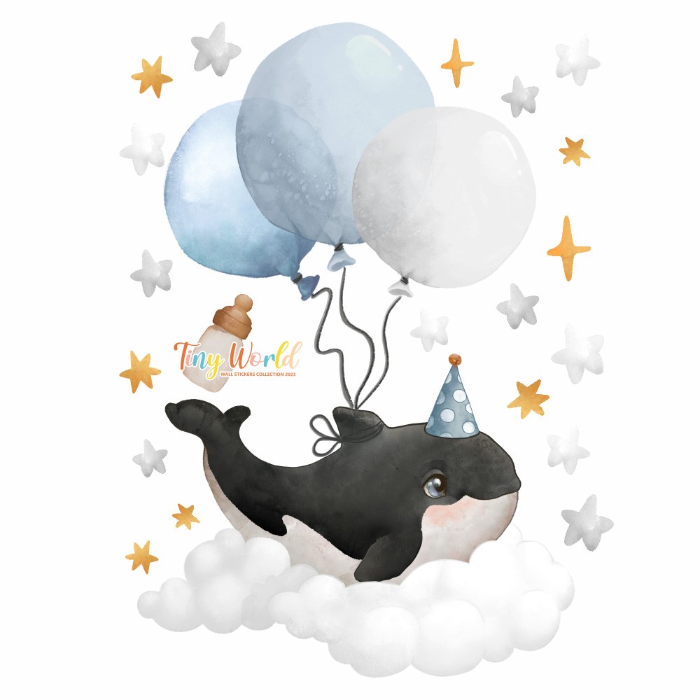 Naklejka na ścianę z księżycem gwiazdkami, wielorybem i psem w balonie. Kolorowa, w pastelowych barwach, bajkowa, niebieska