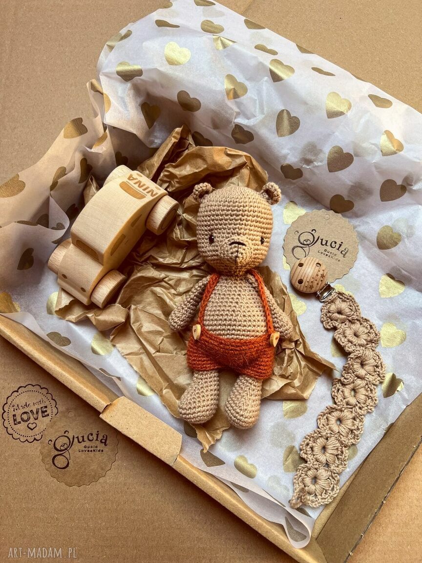 Personalizowany zestaw prezentowy dla  dziecka/ niemowlaka-miś, autko