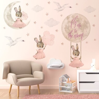 Piękne pastelowe naklejki na ścianę do pokoju dziecka- króliczki dziewczynki w sukienkach